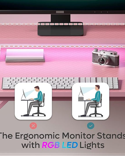 Bestier Small Gaming Desk with Monitor Stand, 42 inch LED Computer Desk, Gamer Workstation with Cup Holder & Headset Hooks, Modern Simple Style Desk for Home Office, Carbon Fiber Pink - LeafyLoom