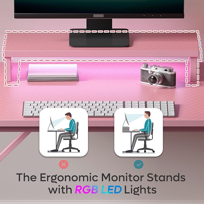 Bestier Small Gaming Desk with Monitor Stand, 42 inch LED Computer Desk, Gamer Workstation with Cup Holder & Headset Hooks, Modern Simple Style Desk for Home Office, Carbon Fiber Pink - LeafyLoom