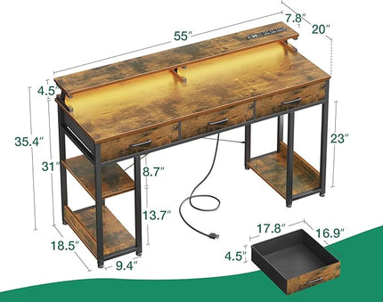 AODK 55 inch Computer Desk with 3 Drawers, Gaming Desk with LED Lights & Power Outlets, Home Office Desk with Storage Shelves & Monitor Stand, Modern Work Study Writing Table for Small Spaces, Vintage - LeafyLoom