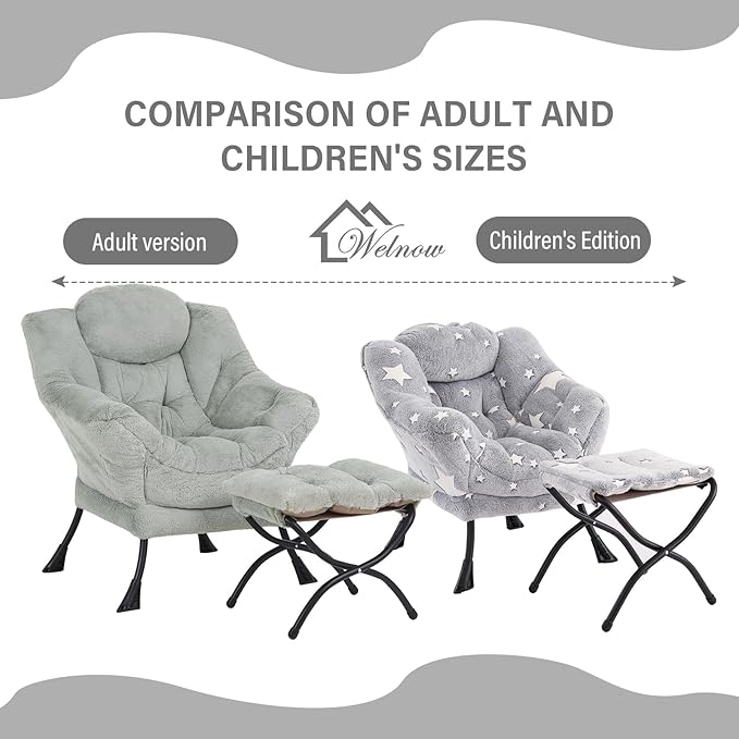 Welnow Toddler Kids Lazy Chair with Ottoman, Glow in The Dark Accent Comfy Lounge Children Armchair Couch with Removable Cover, Detachable Reading Chair with Footrest for Boy or Girl, Grey Star - LeafyLoom