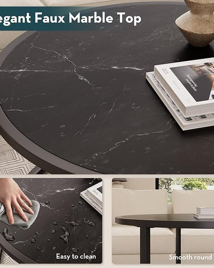 SAYGOER Small Coffee Table Black Round Marble Center Tables Open Space Underneath for Living Room Home Office 27.6 * 27.6 * 17.7, Black Faux Marble - LeafyLoom