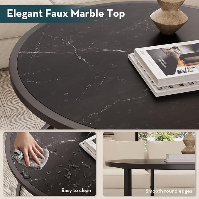 SAYGOER Small Coffee Table Black Round Marble Center Tables Open Space Underneath for Living Room Home Office 27.6 * 27.6 * 17.7, Black Faux Marble - LeafyLoom