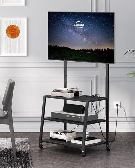 HOOBRO Rolling TV Stand with Mount and Power Outlet Up to 55 inch TVs, Corner Entertainment Center, Small TV Stand with 3-Tier Storage Shelves for Living Room, Bedroom, Black BB66UDS01 - LeafyLoom