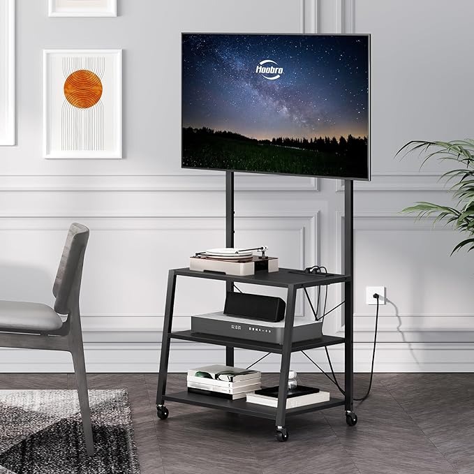 HOOBRO Rolling TV Stand with Mount and Power Outlet Up to 55 inch TVs, Corner Entertainment Center, Small TV Stand with 3-Tier Storage Shelves for Living Room, Bedroom, Black BB66UDS01 - LeafyLoom