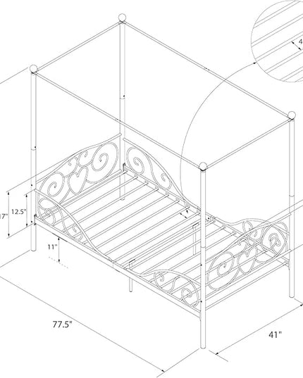 DHP Metal Canopy Kids Platform Bed with Four Poster Design, Scrollwork Headboard and Footboard, Underbed Storage Space, No Box Sring Needed, Twin, Pewter - LeafyLoom
