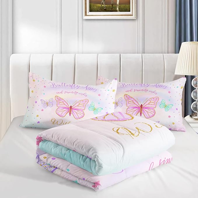 CVHOUSE Butterfly Bedding Set,Butterfly Comforter Queen,Butterfly Comforter Set for Girls Kids Teens,Butterflies Quilt Set with 1 Comforter and 2 Pillow Cases- 3 Piece - LeafyLoom