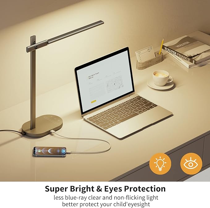 ProtoArc Modern Desk Lamp, Metal Aluminum Alloy Dimmable LED Desk Light with USB Charging Port, Eye-Caring Table Light, Touch Control, 5 Color Modes, 6 Brightness Levels, Timer for Home Office Bedroom - LeafyLoom