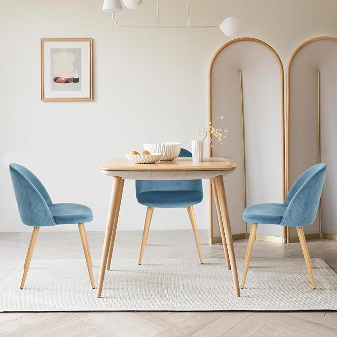 FurnitureR Upholstered Velvet Dining Chair Mid Back Armless with Wood Legs for Home Kitchen Bedroom Living Room, Set of 2, Sky Blue - LeafyLoom