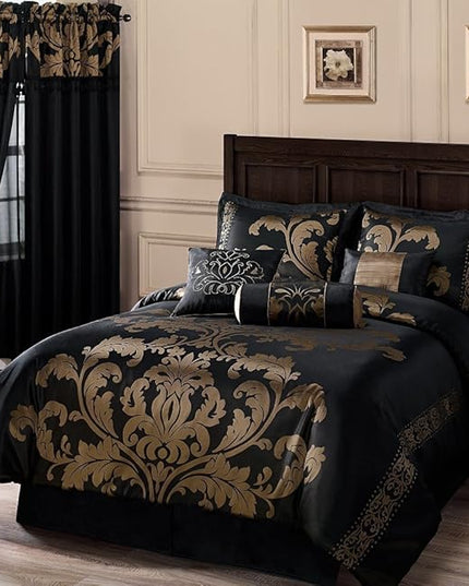 Chezmoi Collection Royale 7-Piece Jacquard Floral Comforter Set, Oversized Queen, Black/Gold - LeafyLoom
