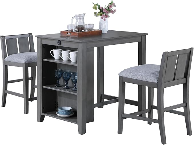 NicBex Kitchen Table for 2 Dining Room Table Set 3-Piece Small Space Counter Height Dining Table with Shelves and 2 Chairs for Small Space, Apartment, Breakfast Nook, Gray - LeafyLoom