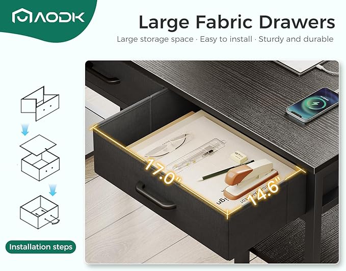 AODK 55 Inch Gaming Desk with Fabric Drawers & Power Outlets, Computer Desk with Storage Shelves & CPU Stand, Gamer Table, Study Desk with Type-C & USB, Writing Desk for Bedroom, Black - LeafyLoom