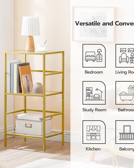 HOOBRO 3-Tier Bookcase, Tempered Glass Bookshelves, Record Storage Rack with Side Fence, Storage Shelves for Bathroom, Slim Shelving Unit for for Living Room, Home Office, Gold GD81CJ01 - LeafyLoom