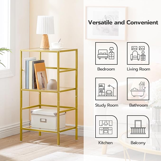 HOOBRO 3-Tier Bookcase, Tempered Glass Bookshelves, Record Storage Rack with Side Fence, Storage Shelves for Bathroom, Slim Shelving Unit for for Living Room, Home Office, Gold GD81CJ01 - LeafyLoom