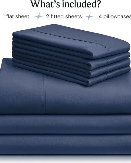 LuxClub 7 PC Split King Sheet Set, Breathable Luxury Bed Sheets, Deep Pockets 18" Eco Friendly Wrinkle Free Cooling Sheets Machine Washable Hotel Bedding Silky Soft - Navy Split King - LeafyLoom