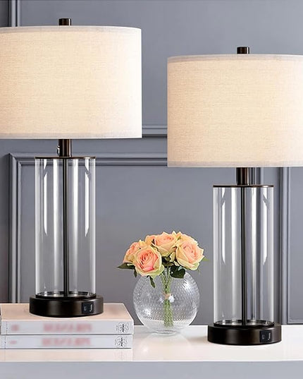 23.5'' Glass Table Lamp Set of 2 for Living Room, 3-Way Touch Control Table Lamps with USB Ports and AC Outlets(Bulbs Included) - LeafyLoom