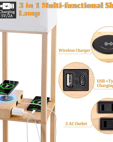 Dott Arts Floor Lamp with Shelves, Shelf Lamp with Wireless Charger & USB A+C Ports & 2 AC Outlets,3 Color Temperature Corner Tall Standing Floor Lamps for Living Room, Bedroom, Office (Burlywood) - LeafyLoom