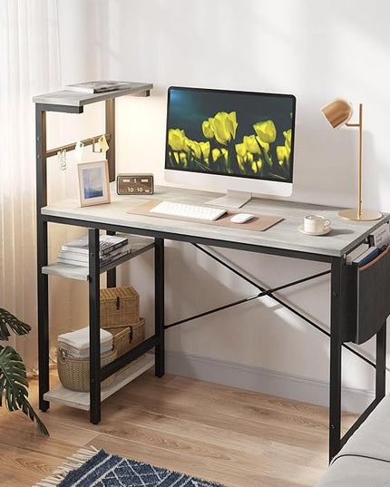 Bestier Computer Desk with 4 Tiers Shelves, Gaming Desk with LED lights, 44 Inch Office Desk with Storage Bag & Printer Shelf (Retro Grey Oak) - LeafyLoom