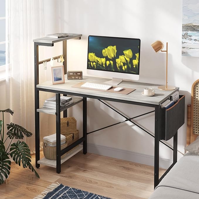 Bestier Computer Desk with 4 Tiers Shelves, Gaming Desk with LED lights, 44 Inch Office Desk with Storage Bag & Printer Shelf (Retro Grey Oak) - LeafyLoom