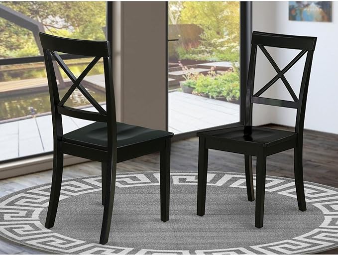 East West Furniture Boston Dining Room Cross Back Solid Wood Seat Chairs, Set of 2, Black - LeafyLoom
