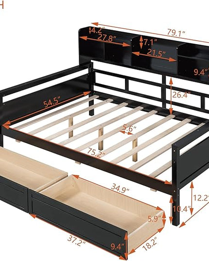 Full Size Daybed with Bedside Shelf and Two Drawers,Multifunctional Storage Solid Wood Bed,W/Wooden Slat Support,No Box Spring Needed,for Bedroom,Living Room,Apartment,Espresso - LeafyLoom