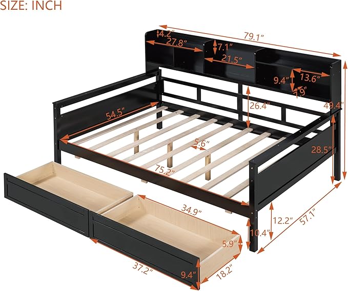 Full Size Daybed with Bedside Shelf and Two Drawers,Multifunctional Storage Solid Wood Bed,W/Wooden Slat Support,No Box Spring Needed,for Bedroom,Living Room,Apartment,Espresso - LeafyLoom
