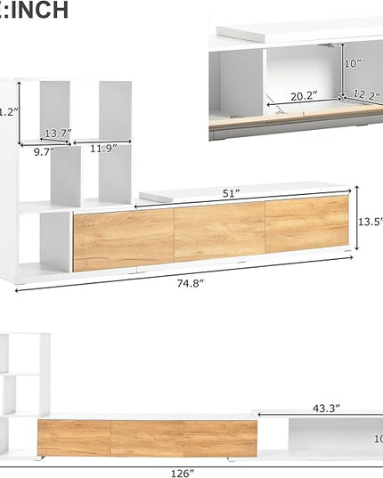 Extendable Stand with 3 Tier Bookshelves for TVs up to 110'', Adjustable Entertainment Center with Storage Cabinets, Sliding Tabletop Media Console for Living Room, White, 126 inch Length - LeafyLoom