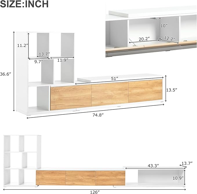 Extendable Stand with 3 Tier Bookshelves for TVs up to 110'', Adjustable Entertainment Center with Storage Cabinets, Sliding Tabletop Media Console for Living Room, White, 126 inch Length - LeafyLoom