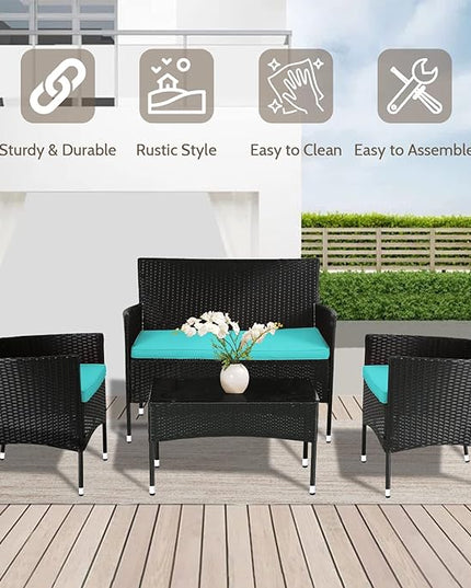 FDW Patio Furniture Set 4 Pieces Outdoor Rattan Chair Wicker Sofa Garden Conversation Bistro Sets for Yard,Pool or Backyard,Blue Cushions - LeafyLoom