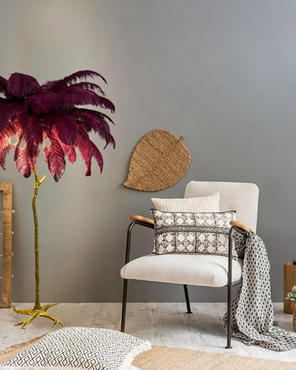 Romantic Ostrich Feather Floor Lamp Modern Luxury Resin Ostrich Feather LED Lamp Living Room Bedroom Corner Decoration Floor Lamp (Wine Red - LeafyLoom