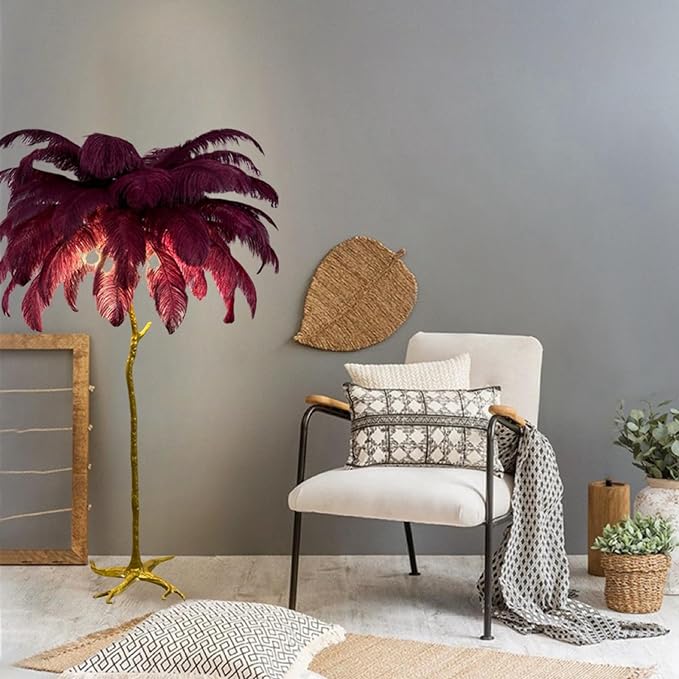 Romantic Ostrich Feather Floor Lamp Modern Luxury Resin Ostrich Feather LED Lamp Living Room Bedroom Corner Decoration Floor Lamp (Wine Red - LeafyLoom