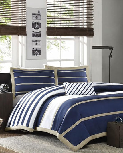 Mi Zone Ashton Duvet Modern Casual Vibrant Colorblock Design, All Season Comforter Cover Teen Bedding, Boys Bedroom Décor, King/Cal King, Khaki/Navy 4 Piece - LeafyLoom