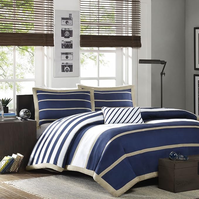 Mi Zone Ashton Duvet Modern Casual Vibrant Colorblock Design, All Season Comforter Cover Teen Bedding, Boys Bedroom Décor, King/Cal King, Khaki/Navy 4 Piece - LeafyLoom