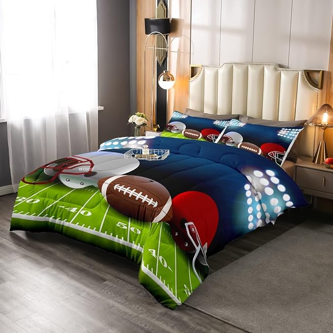 American Football Comforter Set Twin,Boys Ball Games Sports Bedding Set Football Helmet Field Down Comforter For Kids Teens Sport Theme Bedroom,Soft Microfiber Quilt Duvet Sets With 1 Pillow Case - LeafyLoom