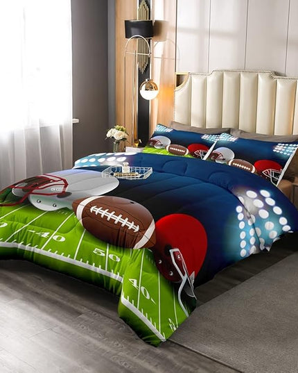 American Football Comforter Set King,Boys Ball Games Sports Bedding Set Football Helmet Field Down Comforter For Kids Teens Sport Theme Bedroom,Soft Microfiber Quilt Duvet Sets With 2 Pillow Cases - LeafyLoom