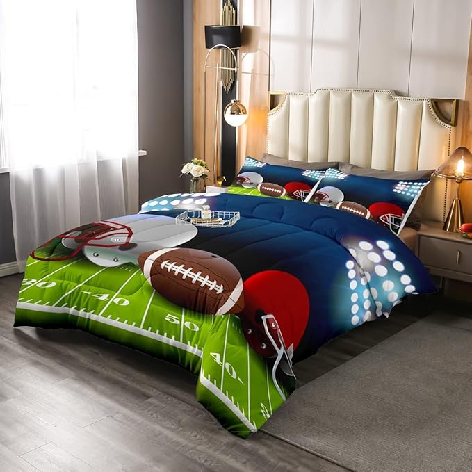 American Football Comforter Set King,Boys Ball Games Sports Bedding Set Football Helmet Field Down Comforter For Kids Teens Sport Theme Bedroom,Soft Microfiber Quilt Duvet Sets With 2 Pillow Cases - LeafyLoom