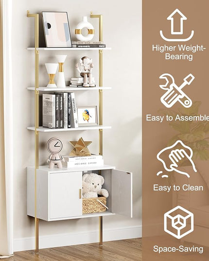 Gadroad Ladder Bookshef with Cabinet, Wall Mounted Bookcases, 5 Tier Tall Open Display Rack, 73" Metal Industrial Bookshelf, Storage Shelves for Livingroom, Home Office, Gold - LeafyLoom
