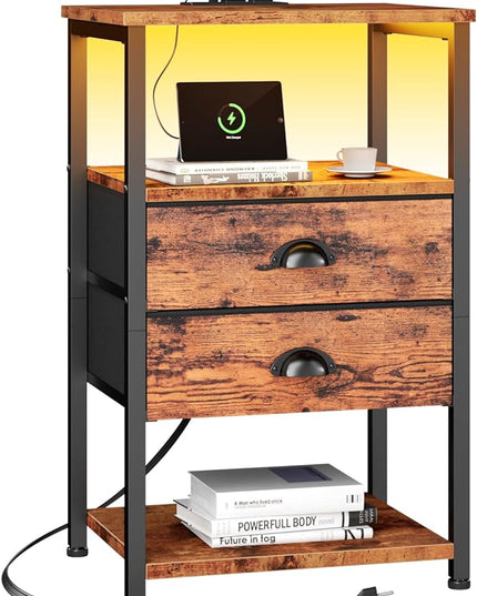 Furologee Nightstand with Charging Station, LED Night Stand with 2 Fabric Drawers, 3-Tier Storage Side Table with USB Ports & Outlets, End Table with Shelves for Lving Room/Bedroom - LeafyLoom