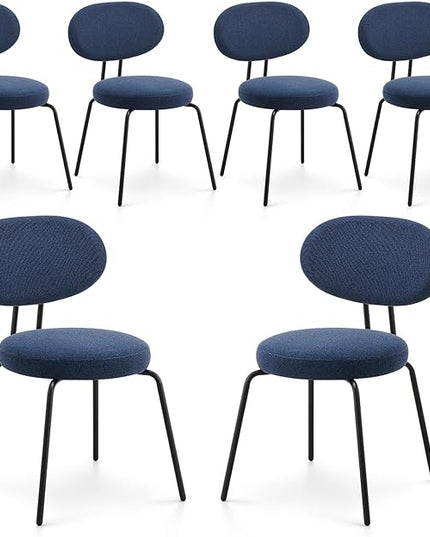 COLAMY Modern Fabric Dining Chairs Set of 6, Mid Centry Upholstered Dining Room Kitchen Chairs with Curved Backrest, Round Seat, Black Metal Legs, Blue - LeafyLoom
