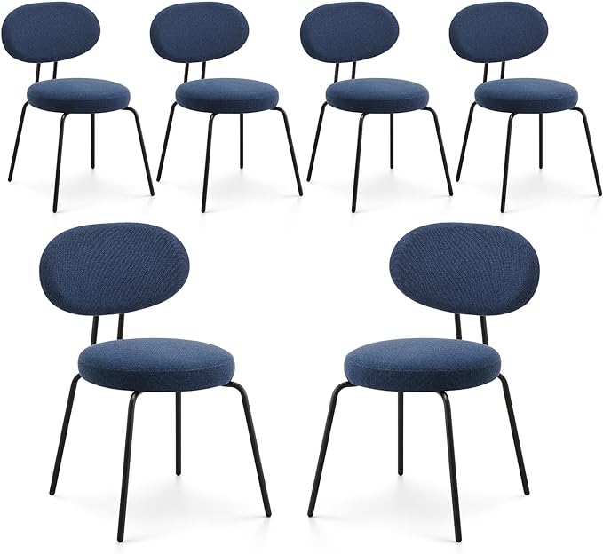 COLAMY Modern Fabric Dining Chairs Set of 6, Mid Centry Upholstered Dining Room Kitchen Chairs with Curved Backrest, Round Seat, Black Metal Legs, Blue - LeafyLoom