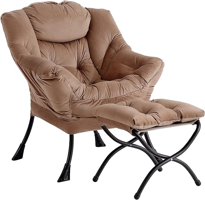 LITA Lazy Chair with Ottoman, Modern Accent Leisure Upholstered Sofa Chair, Contemporary Lounge Reading Chair with Armrests and a Side Pocket for Living Room, Bedroom & Small Space, Dark Brown - LeafyLoom