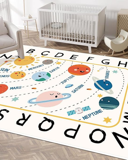 Soft ABC Kids Rug,59x78 in Washable Large Classroom Rug,Non-Slip Educational Nursery Rug,Solar System Kids Room Rug for Classroom Playroom Bedroom Kids Room Decor - LeafyLoom