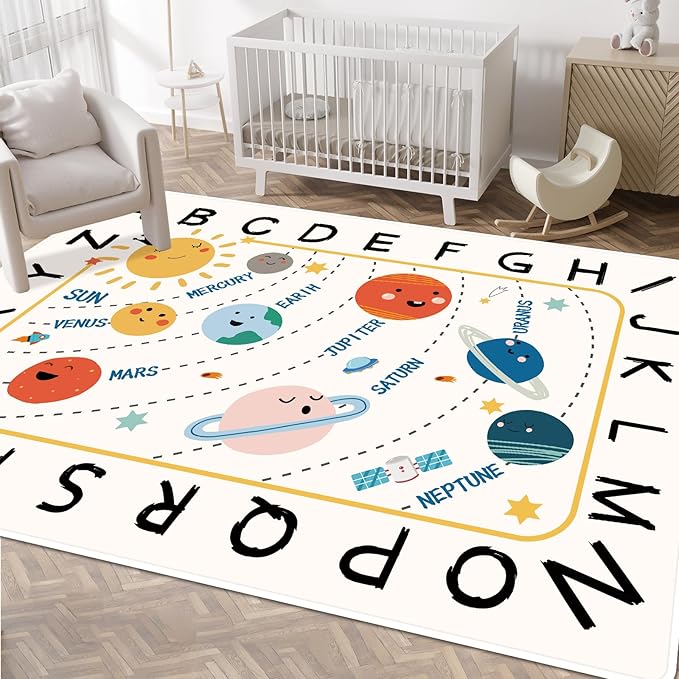 Soft ABC Kids Rug,59x78 in Washable Large Classroom Rug,Non-Slip Educational Nursery Rug,Solar System Kids Room Rug for Classroom Playroom Bedroom Kids Room Decor - LeafyLoom