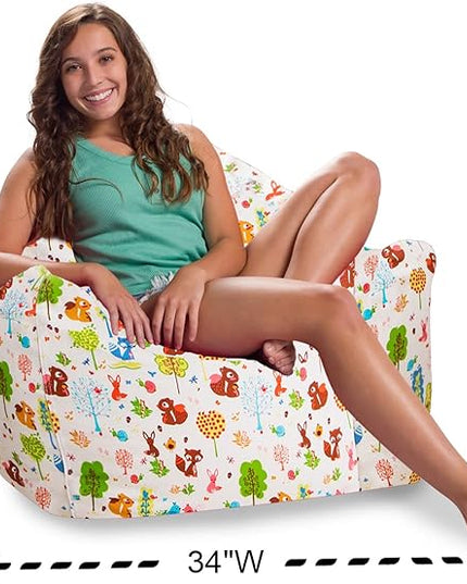 Posh Creations Structured Comfy Bean Bag Chair for Gaming, Reading, and Watching TV, Malibu Lounge, Canvas - Forest Critters on White - LeafyLoom