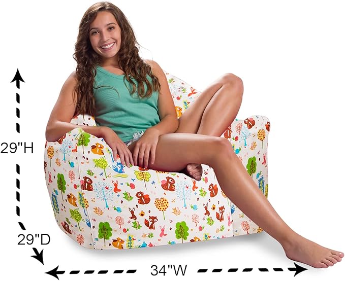 Posh Creations Structured Comfy Bean Bag Chair for Gaming, Reading, and Watching TV, Malibu Lounge, Canvas - Forest Critters on White - LeafyLoom