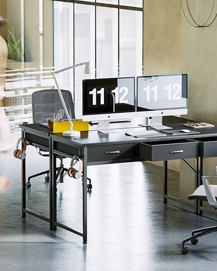 ODK 55 Inch Computer Desk with 3 Cloth Drawers for Home Office, Vanity Desk with Storage and Hook for Bedroom, Work Desk, Study Writing Table, Black - LeafyLoom