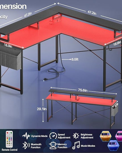 L Shaped Computer Desk with Power Outlets, Gaming Desk L Shaped with LED Lights, Corner Desk with Storage Shelves, Work Study Desk for Bedroom, Home Office Small Spaces, 47'', Carbon Fiber Black - LeafyLoom