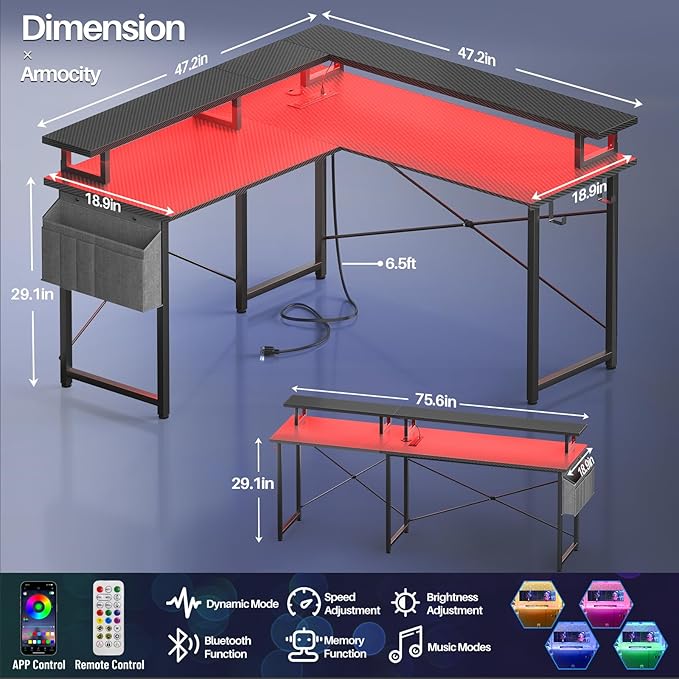 L Shaped Computer Desk with Power Outlets, Gaming Desk L Shaped with LED Lights, Corner Desk with Storage Shelves, Work Study Desk for Bedroom, Home Office Small Spaces, 47'', Carbon Fiber Black - LeafyLoom