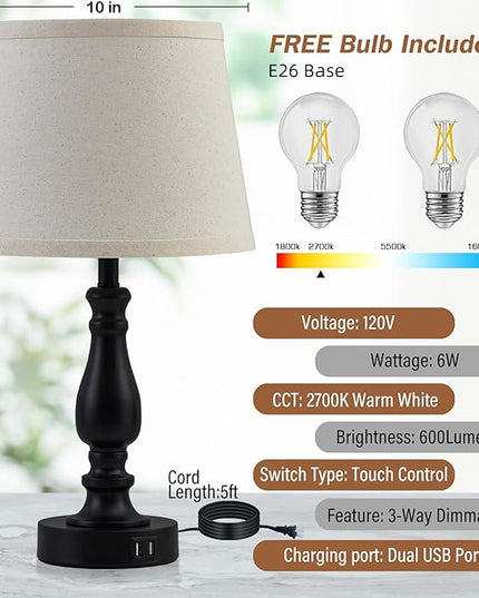 Lamps for Bedrooms Set of 2, Touch Bedside Table Lamps with USB Ports, 3 Way Dimmable Nightstand Lamps with Round Fabric Linen Lampshade for Living Room Reading Bed Side End Table, Bulbs Included - LeafyLoom