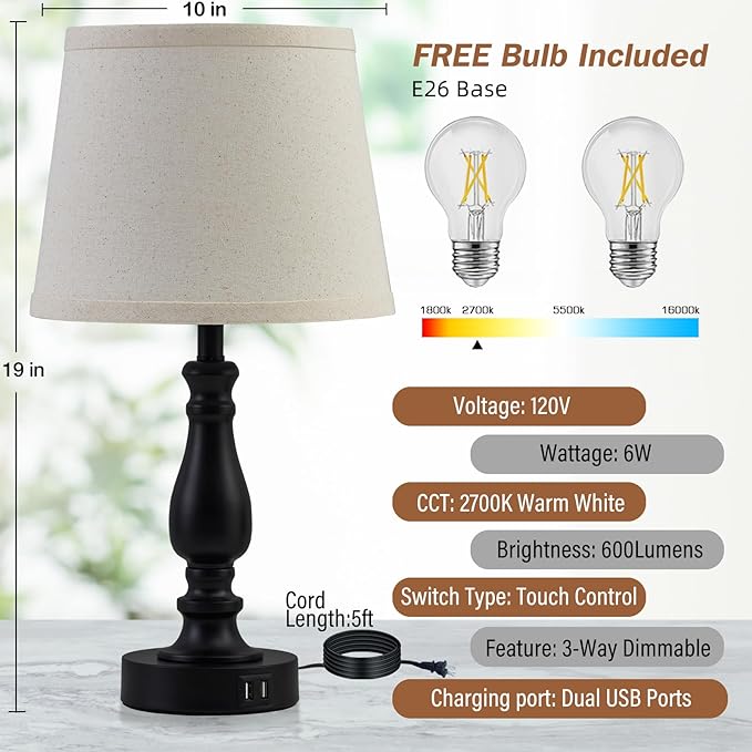 Lamps for Bedrooms Set of 2, Touch Bedside Table Lamps with USB Ports, 3 Way Dimmable Nightstand Lamps with Round Fabric Linen Lampshade for Living Room Reading Bed Side End Table, Bulbs Included - LeafyLoom
