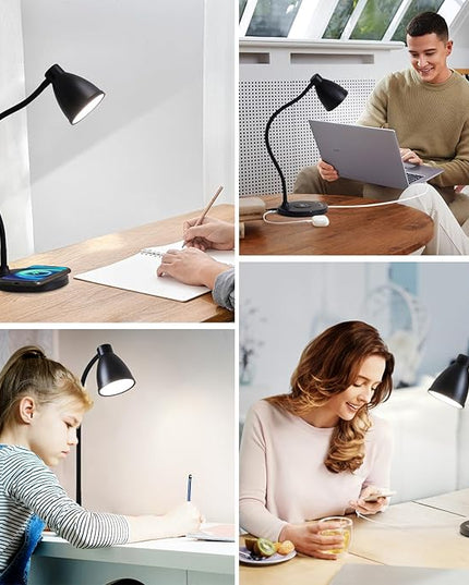 BOHON Desk Lamp for Home Office, LED Desk Light with USB C+A Charging Ports, Wireless Charger, 5 Colors Stepless Dimming Reading Light Timer, Touch Bedside Table Lamp for College Dorm Room Black - LeafyLoom